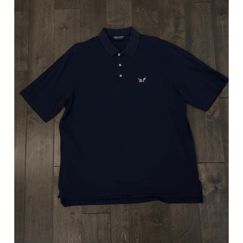 Ralph Lauren Polo Golf Shirt Mens Size XL Blue USA Flag Embroidered Logo Collard